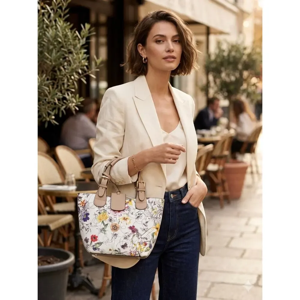 Floral Mini Tote Bag Satchel Purse Botanical Flower Pattern Top Handle Cream Tan